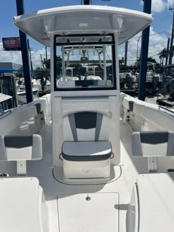 Slide: The Image of 2025 Robalo R270 Center Console boat with spacious seating and modern design. - 21