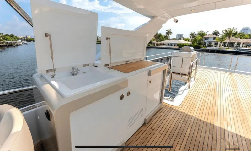 Slide: The Image of Azimut Fly 72 yacht deck with sink and storage, 2016 model, overlooking waterfront. - 10
