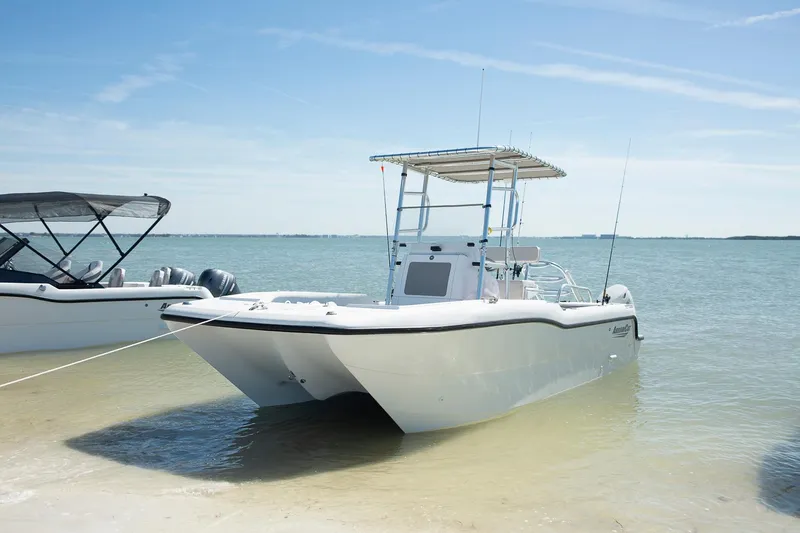 Slide: The Image of 2025 ArrowCat 20 CC boat anchored on a sunny beach. - 2