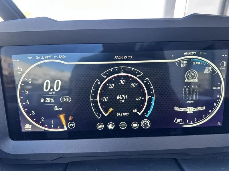 Slide: The Image of 2024 Malibu 21 LX-R dashboard display showing speedometer and control settings. - 15