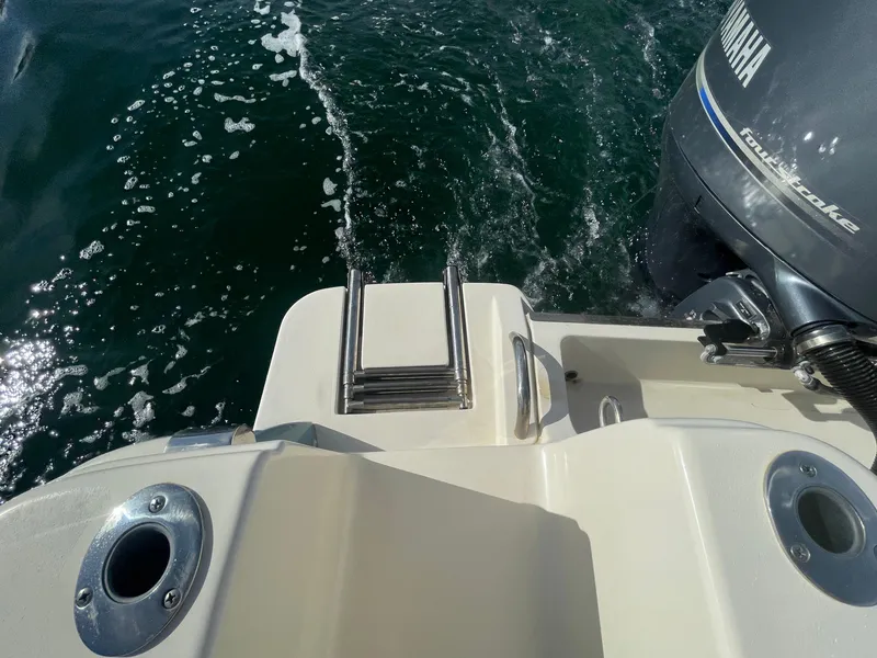 Slide: The Image of 2020 Scout 215 XSF boat with Yamaha outboard motor and swim ladder. - 17