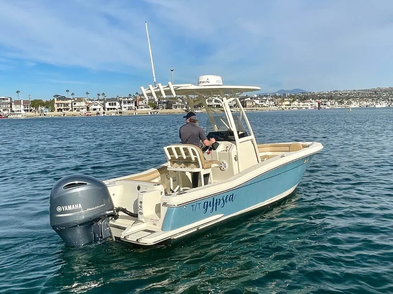 Slide: The Image of 2020 Scout 215 XSF boat on water with Yamaha engine, coastal background. - 3