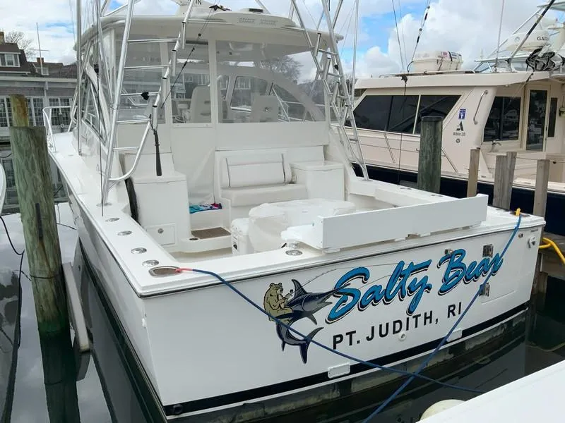 Slide: The Image of 2022 Albemarle 360 Express Fisherman docked, featuring "Salty Bear" name, Pt. Judith, RI. - 22