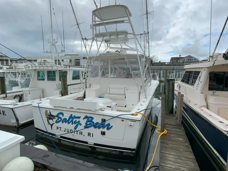 Slide: The Image of 2022 Albemarle 360 Express Fisherman docked, featuring "Salty Bear" name, Pt. Judith, RI. - 24