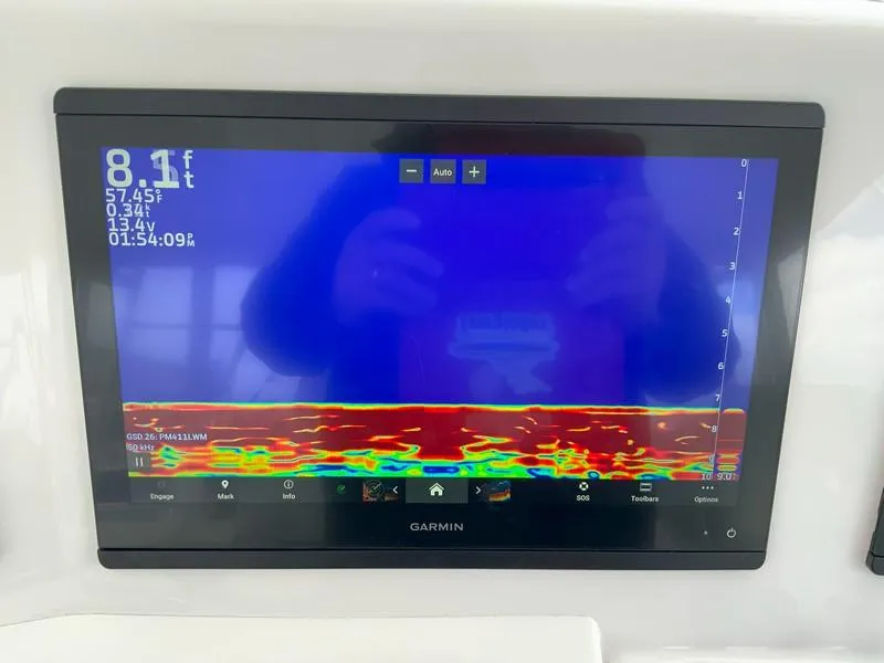 Slide: The Image of Garmin fishfinder display on 2022 Albemarle 360 Express Fisherman, showing depth and sonar data. - 41