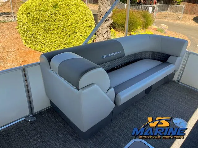 Slide: The Image of 2024 Bennington 22 SSR boat interior with gray seating at VS Marine Boating Center. - 13