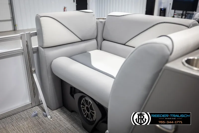 Slide: The Image of Luxurious seating in 2025 Avalon VEN CR boat, featuring sleek gray upholstery and modern design. - 16