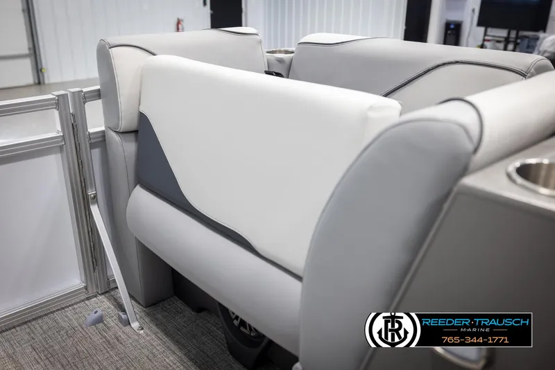 Slide: The Image of Luxurious seating in 2025 Avalon VEN CR boat, featuring sleek gray and white upholstery. - 17