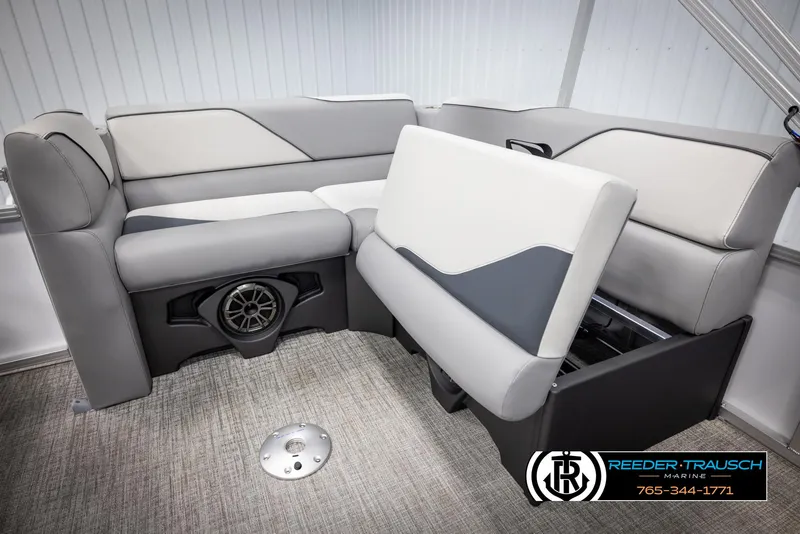 Slide: The Image of Luxurious seating in 2025 Avalon VEN CR boat with integrated speaker and storage. - 19