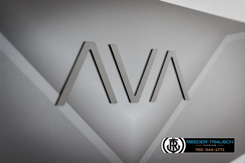 Slide: The Image of 2025 Avalon VEN CR logo on sleek gray surface, Reeder-Trausch Marine branding visible. - 37