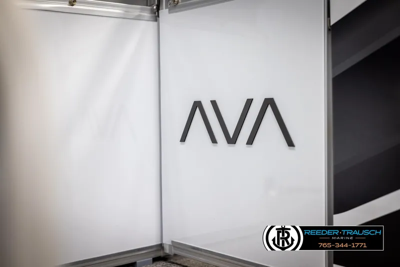 Slide: The Image of 2025 Avalon VEN CR boat panel with AVA logo and Reeder-Trausch Marine contact details. - 40