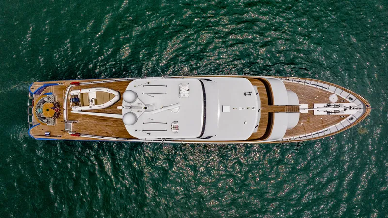 Slide: The Image of Aerial view of 1975 Stephens Brothers Expedition yacht on water. - 14