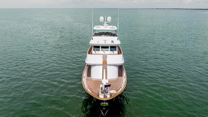 Slide: The Image of 1975 Stephens Brothers Expedition yacht on calm sea, aerial view. - 19