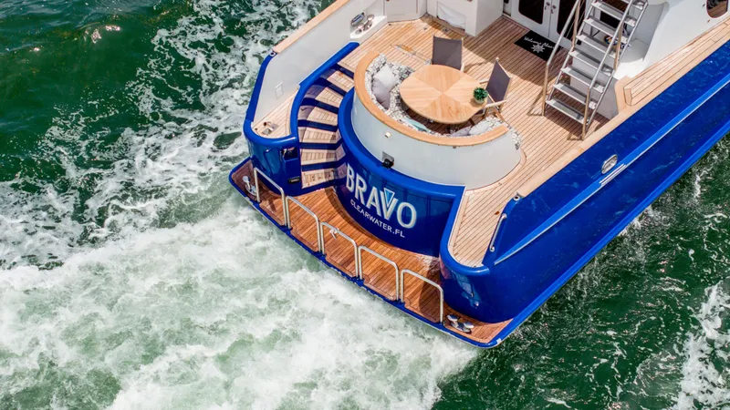 Slide: The Image of Aerial view of 1975 Stephens Brothers Expedition yacht with wooden deck and seating area. - 38