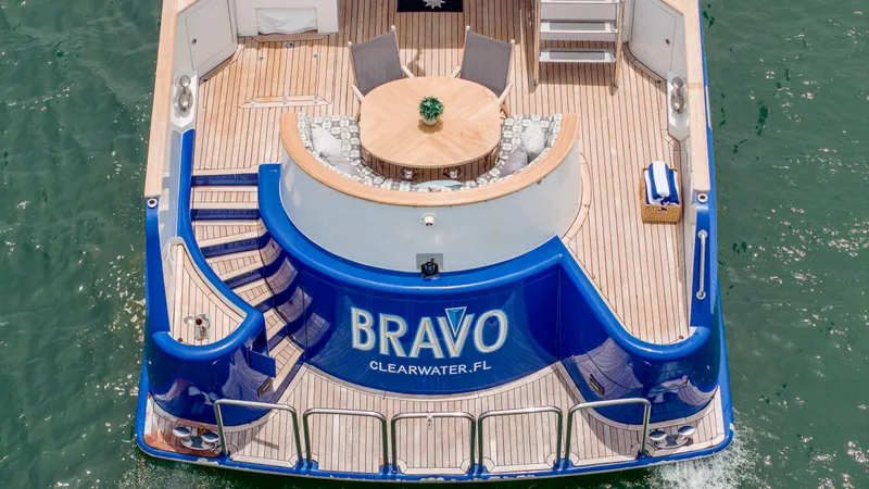 Slide: The Image of 1975 Stephens Brothers Expedition yacht with wooden deck, named Bravo, docked in Clearwater, FL. - 41