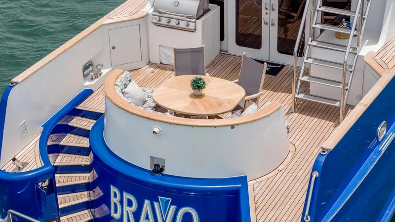 Slide: The Image of Luxury yacht deck with seating area, wooden table, and grill, Stephens Brothers Expedition 1975. - 42