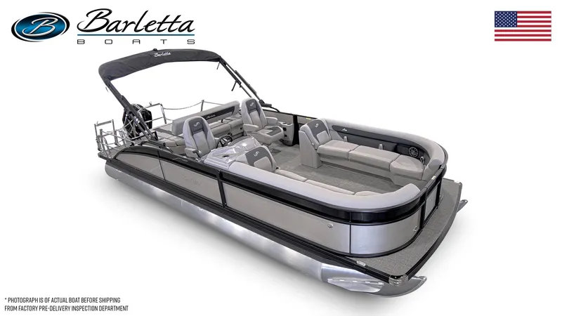 Slide: The Image of 2025 Barletta Aria 24UC pontoon boat with sleek design and spacious seating. - 2