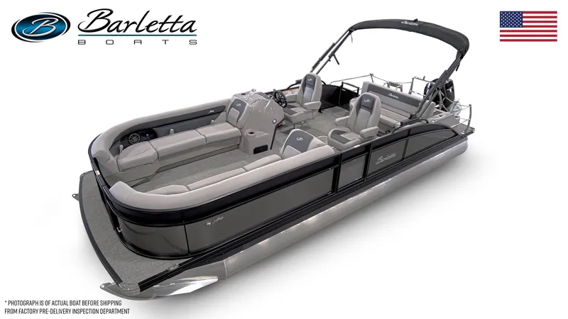 Slide: The Image of 2025 Barletta Aria 24UC pontoon boat with sleek design and spacious seating. - 2
