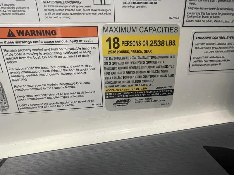 Slide: The Image of Capacity label for 2025 Malibu 25 LSV, max 18 persons or 2538 lbs. - 19