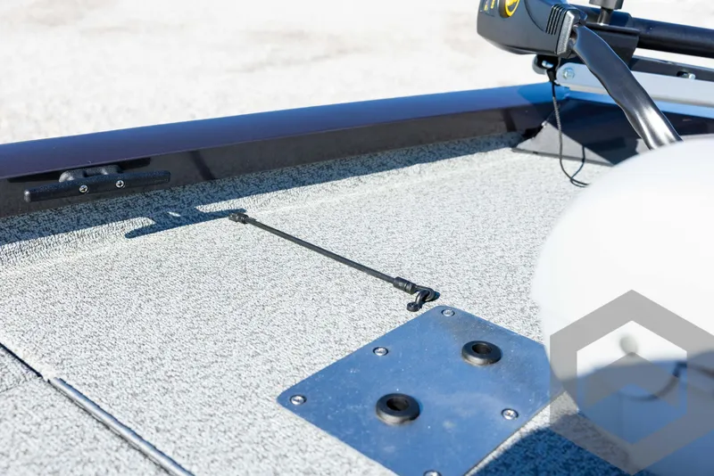 Slide: The Image of 2025 G3 Sportsman 1610 boat deck with mounted equipment, close-up view. - 35