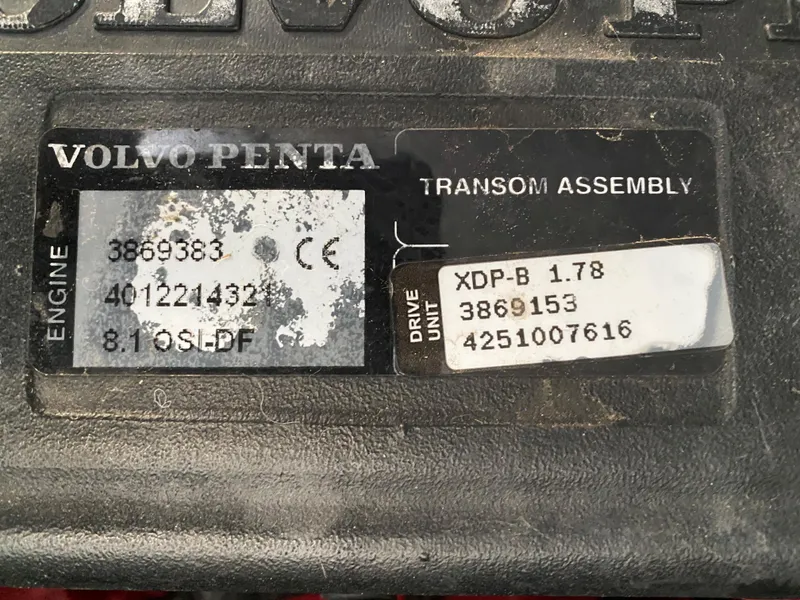 Slide: The Image of Volvo Penta transom assembly label on 2008 Rinker 280 Express Cruiser. - 30