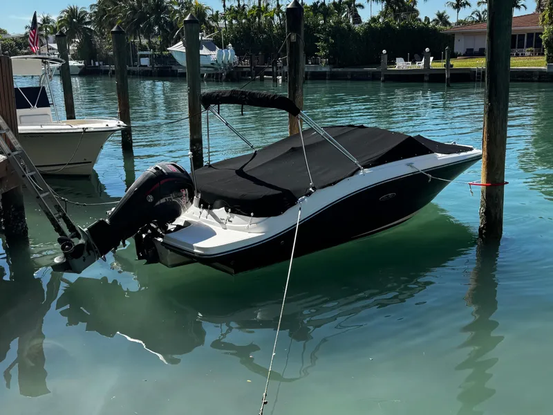 Slide: The Image of 2019 Sea Ray SPX 190 OB boat docked in calm waters, covered and secured. - 1