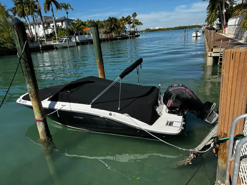 Slide: The Image of 2019 Sea Ray SPX 190 OB boat docked in a scenic waterfront location. - 3