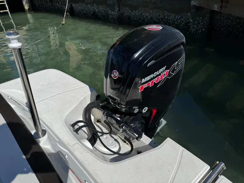 Slide: The Image of 2019 Sea Ray SPX 190 OB with Mercury Pro XS outboard engine, docked in clear water. - 4