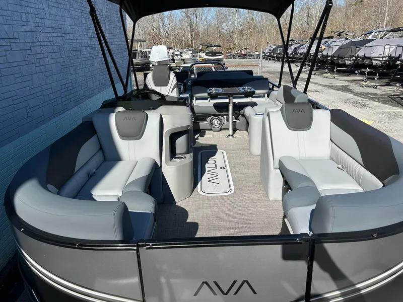 Slide: The Image of 2025 Avalon 2385 LSZ VRL pontoon boat with spacious seating and modern design. - 5