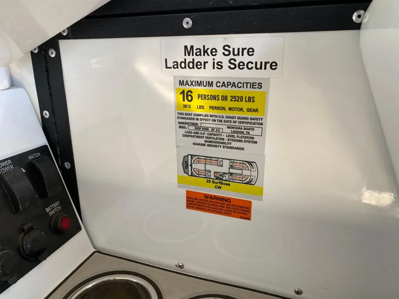 Slide: The Image of 2022 Montara 25 SURF BOSS 2.0 capacity label, max 16 persons or 2520 lbs. - 13