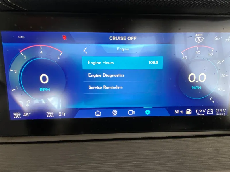 Slide: The Image of Digital dashboard of 2022 Montara 25 SURF BOSS 2.0 showing engine hours and diagnostics. - 18