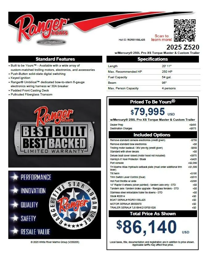 Slide: The Image of 2025 Ranger Z520 boat brochure with specifications, pricing, and features. - 34