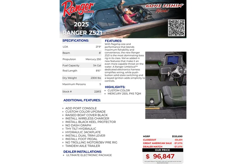 Slide: The Image of 2025 Ranger Z521 boat brochure with specifications, features, and pricing details. - 23