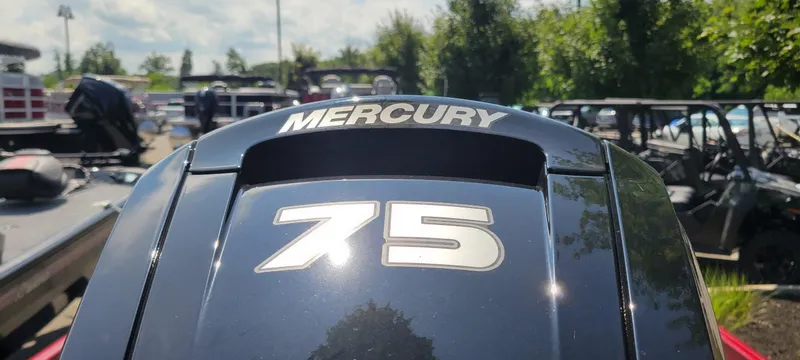 Slide: The Image of Mercury 75 horsepower engine on 2025 Ranger RT178C boat, outdoor display. - 5