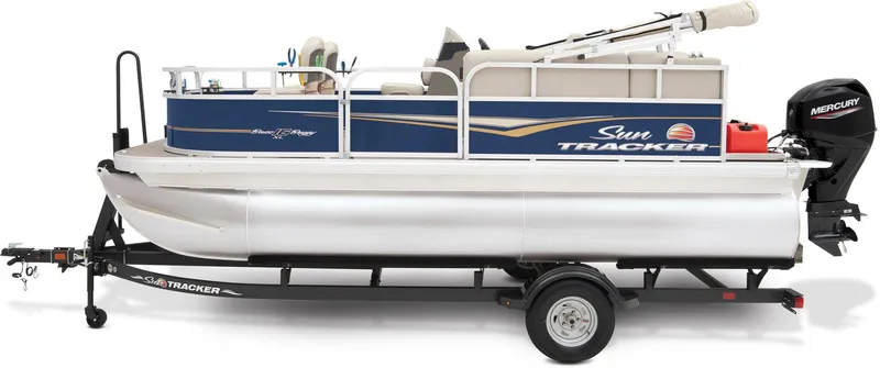 Slide: The Image of 2025 Sun Tracker Bass Buggy 16 XL Select pontoon boat on trailer. - 4