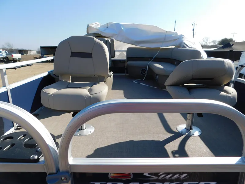 Slide: The Image of 2025 Sun Tracker Bass Buggy 16 XL Select pontoon boat interior with seating. - 5