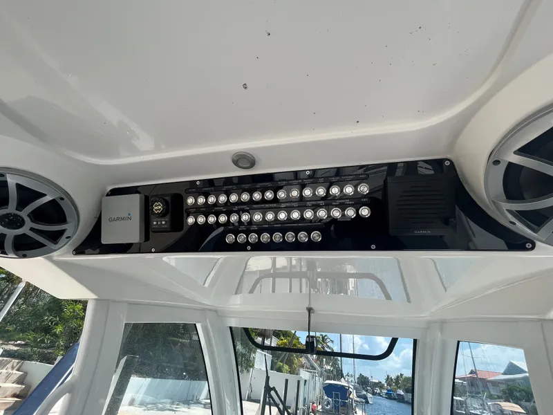 Slide: The Image of Interior view of a 2018 Blackwater 43 boat with LED lights and speakers. - 26