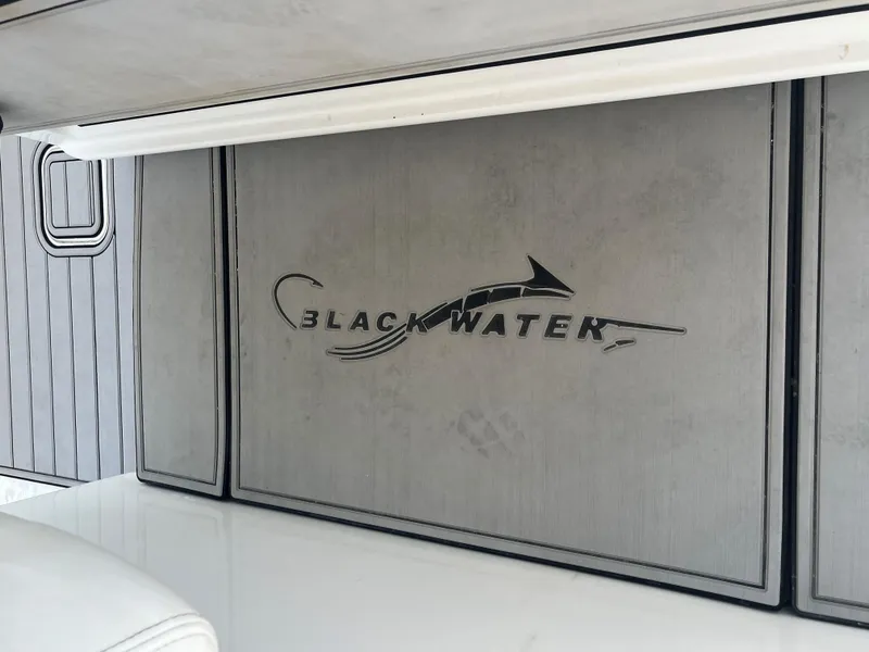 Slide: The Image of Blackwater 43 boat interior, 2018 model, featuring sleek design and logo. - 38