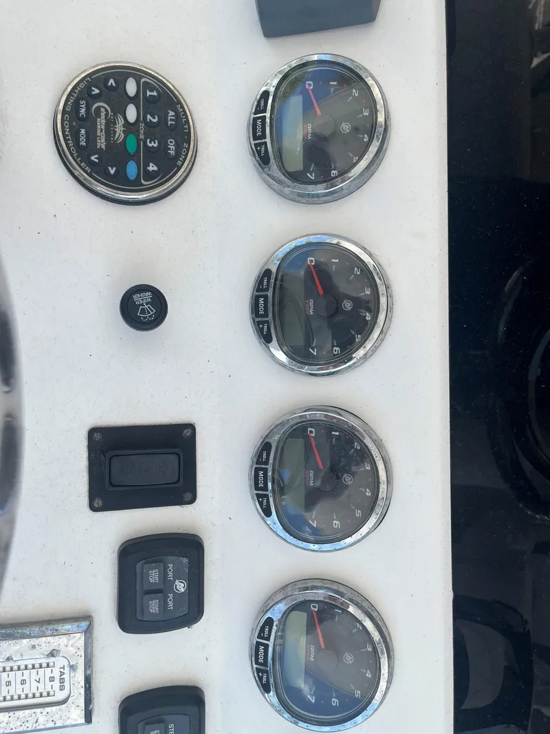 Slide: The Image of Dashboard of a 2018 Blackwater 43 boat with gauges and controls. - 44