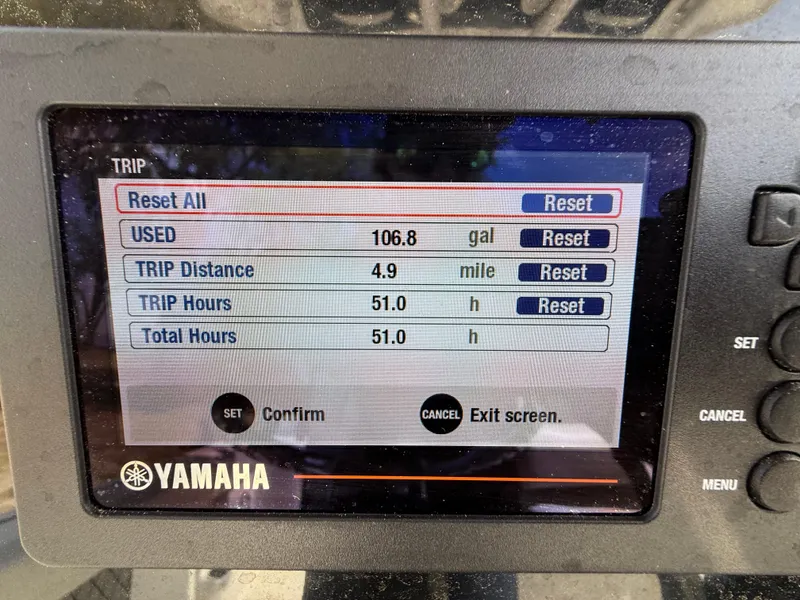 Slide: The Image of Yamaha trip display showing fuel usage and trip details for Wellcraft 242 Offshore, 2021 model. - 19