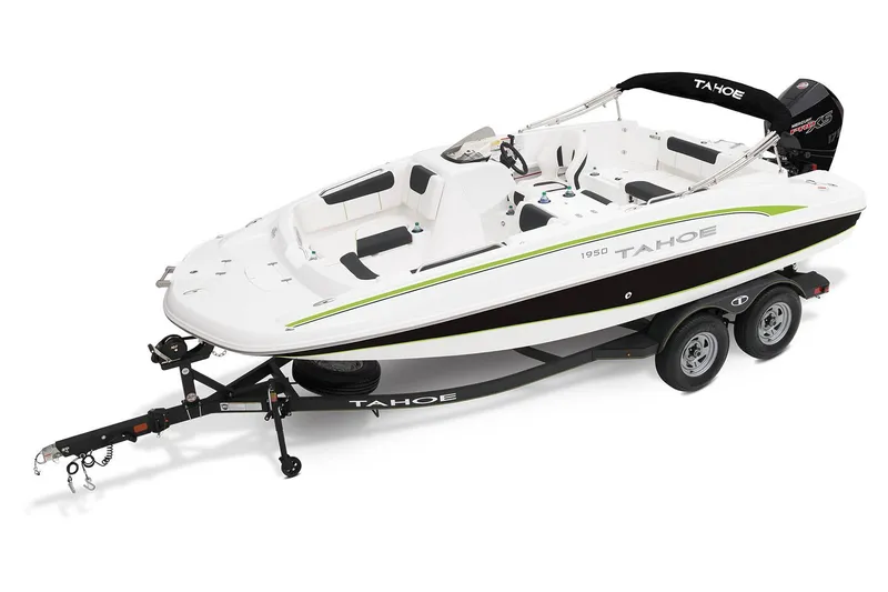 Slide: The Image of 2023 Tahoe 1950 boat on trailer, white with green accents, side view. - 6