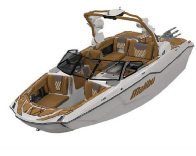 Slide: The Image of 2025 Malibu M230 boat with sleek design and luxurious interior. - 1