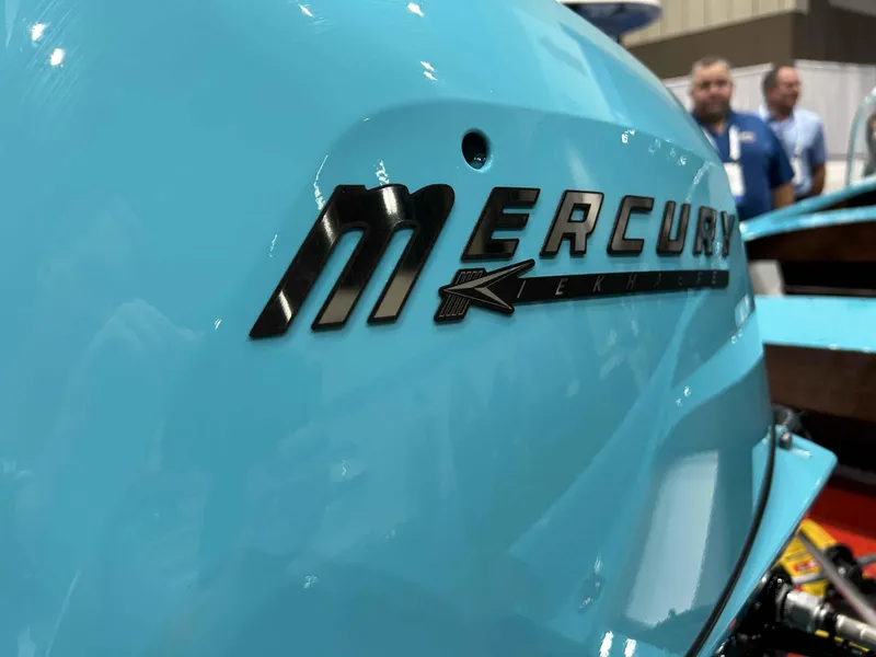 Slide: The Image of Close-up of Mercury engine on 2025 Starcraft 57 SKI CHAMP boat. - 6