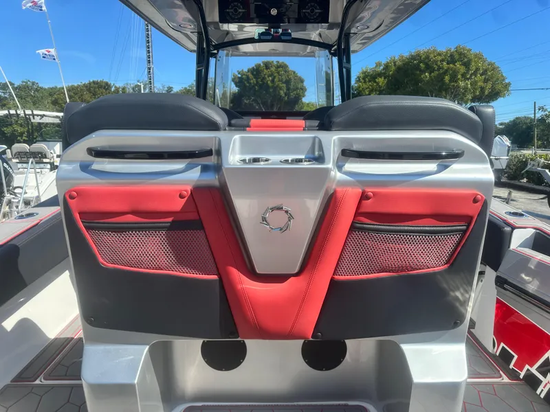 Slide: The Image of 2021 Fountain 38SC boat interior with red and black seating, modern design. - 20