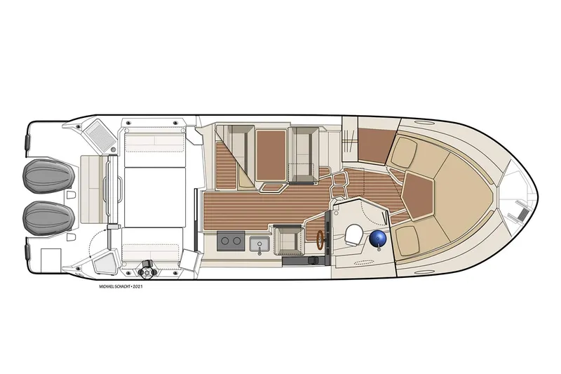 Slide: The Image of 2025 Cutwater C-288 Coupe interior with compact fridge and wooden cabinetry. - 16