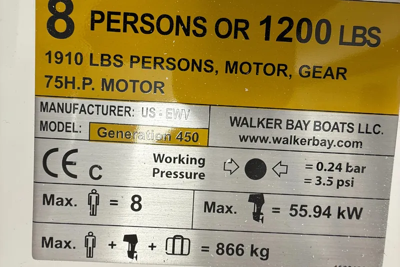 Slide: The Image of Walker Bay Generation 450 DLX 2025 capacity label, 8 persons, 1200 lbs, 75 HP motor. - 18