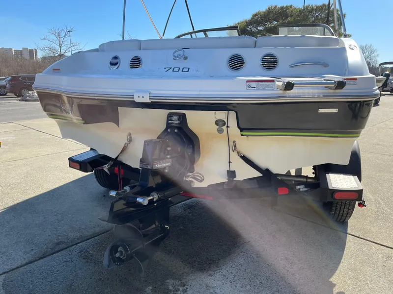 Slide: The Image of 2018 Tahoe 700 Limited boat on trailer, rear view, outdoor setting. - 3