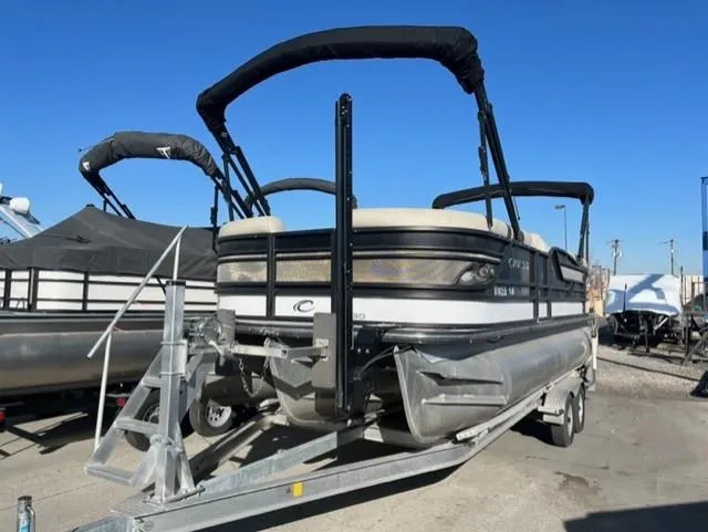 Slide: The Image of 2019 Crest 230 SLC pontoon boat on trailer, outdoor display. - 1