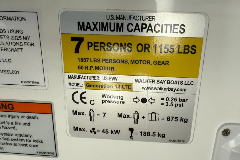 Slide: The Image of Walker Bay Generation 14 LTE 2025 capacity label: 7 persons, 1155 lbs, 60 HP motor. - 17