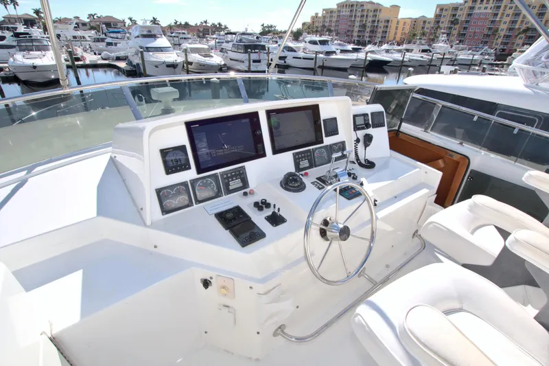 Slide: The Image of Helm of 1999 West Bay 58 Sonship yacht with modern navigation equipment. - 27